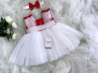 Shoulder Red Bow Partywear  White Frocm  - 6-9 Month