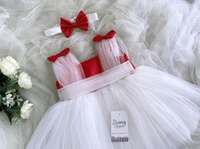 Shoulder Red Bow Partywear  White Frocm  - 3-4 Years