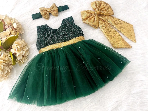 Golden Sequins  Bow Partywear  Green Dress For Christmas   - 1-2 Years