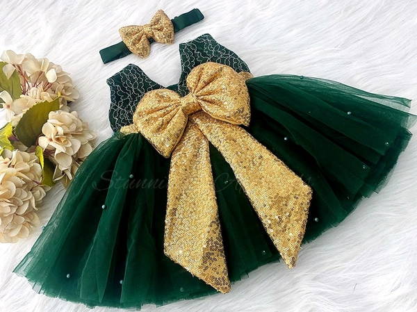 Golden Sequins  Bow Partywear  Green Dress For Christmas   - 1-2 Years