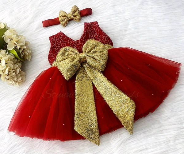 Golden Sequins  Bow Party Wear Red Christmas  Frock  - 0-3 Months