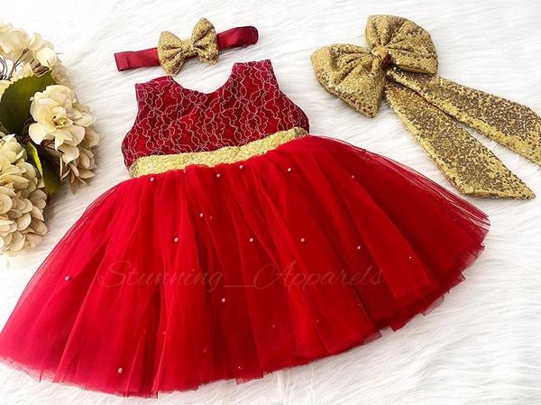 Golden Sequins  Bow Party Wear Red Christmas  Frock  - 3-6 Month