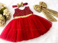 Golden Sequins  Bow Party Wear Red Christmas  Frock  - 4-5 Years