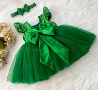 Green Sequins Ruffled Sleeves Christmas Green Dress  - 3-6month
