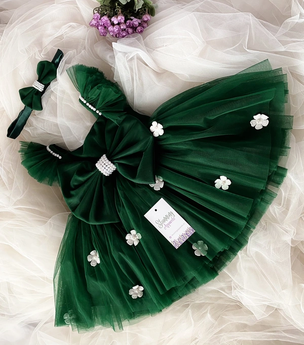 Strapped White Flower Partywear Dark Green Frock  - 9-12 Month