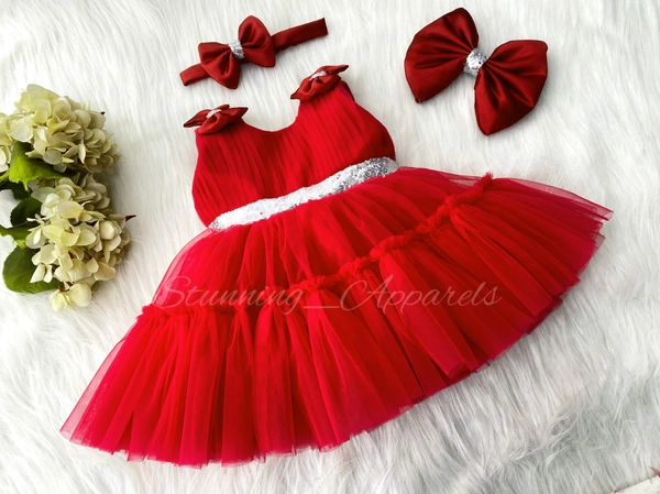 Shoulder Bow Party Wear Ruffled Red Dress  - 0-3 Month