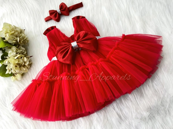 Shoulder Bow Party Wear Ruffled Red Dress  - 0-3 Month