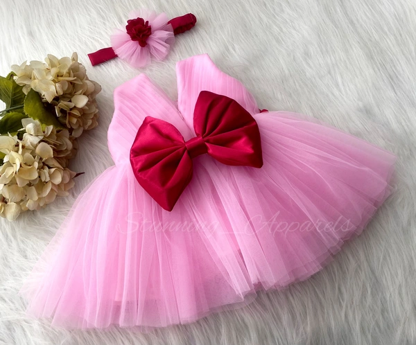Waistline Magenta Flower Work Partywear Baby Pink Dress  - 2-3 Years