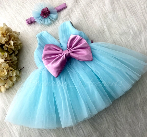 Waistline Dusty Pink Flower Work Partywear Sky Blue Frock  - 3-4 Years