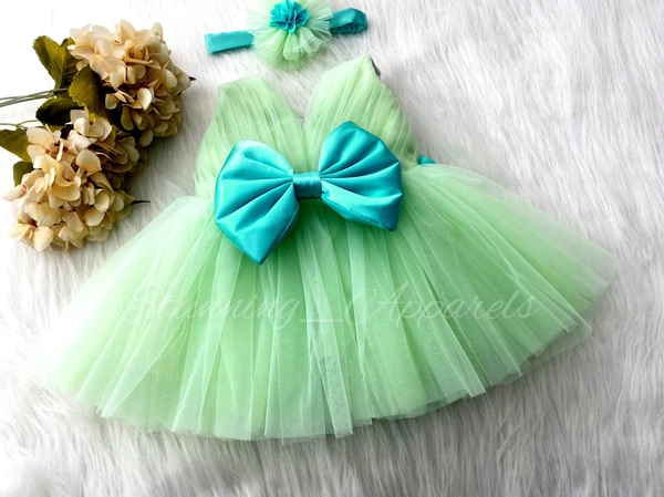 Waistline Sky Blue Flower Work Partywear Pista Green  Frock  - 0-3month