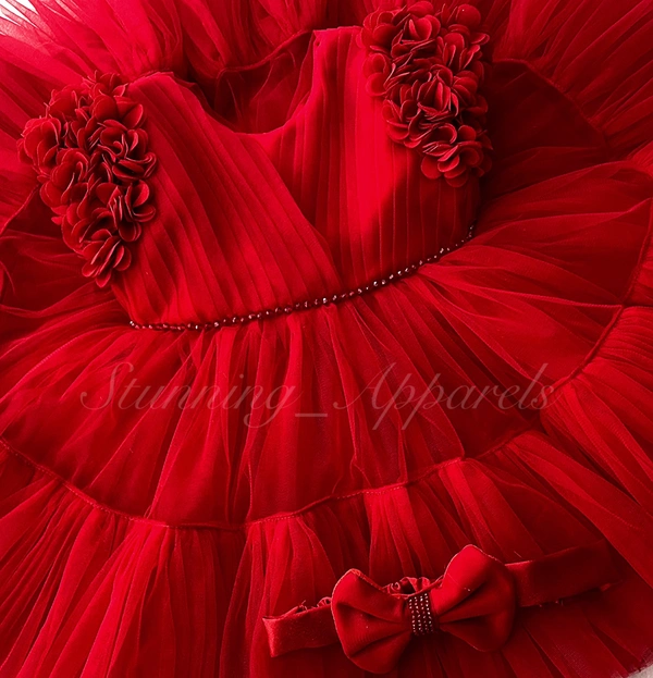 Stylish Cape Sleeves Flower Work Partywear Red Frock  - 5-6 Years