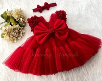 Stylish Cape Sleeves Flower Work Partywear Red Frock  - 3-4 Years