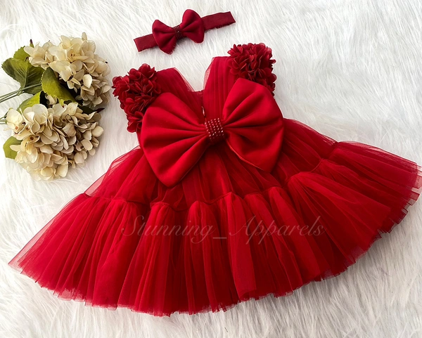 Stylish Cape Sleeves Flower Work Partywear Red Frock  - 3-4 Years