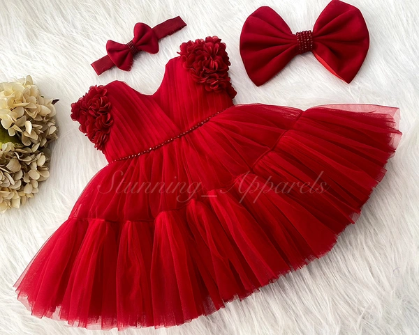 Stylish Cape Sleeves Flower Work Partywear Red Frock  - 5-6 Years