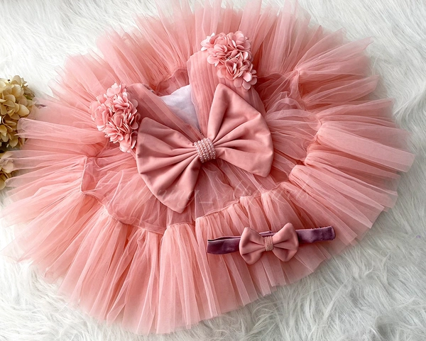 Stylish Cape Sleeves Flower Work Partywear Peach Frock  - 3-4 Years