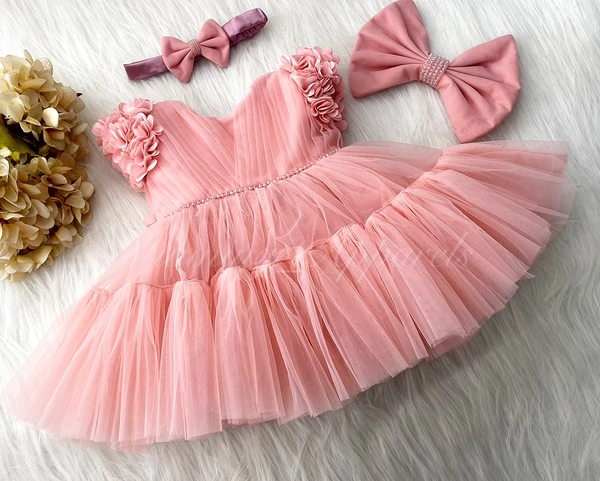 Stylish Cape Sleeves Flower Work Partywear Peach Frock  - 3-4 Years