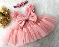 Stylish Cape Sleeves Flower Work Partywear Peach Frock  - 3-4 Years