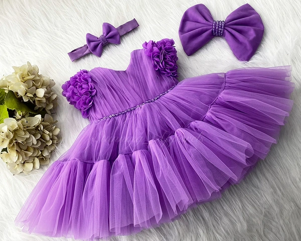 Stylish Cape Sleeves Flower Work Partywear Lavender Frock  - 3-6 Month