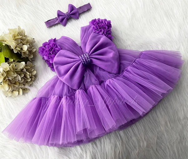 Stylish Cape Sleeves Flower Work Partywear Lavender Frock  - 3-6 Month