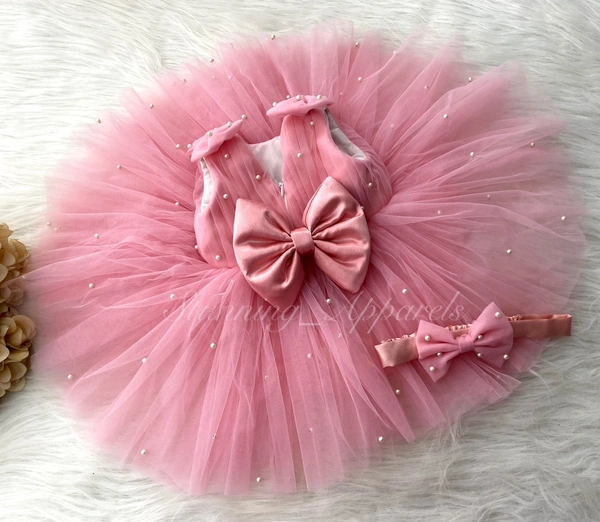 Shoulder Bow , Pearls Work Cute Party Wear Peach Frock  - 3-6 Month