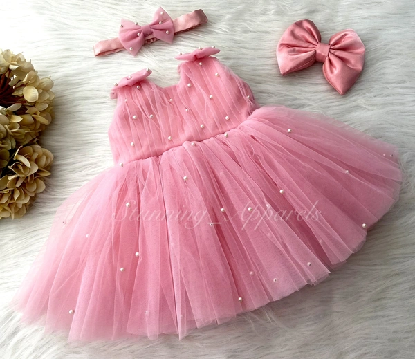 Shoulder Bow , Pearls Work Cute Party Wear Peach Frock  - 3-6 Month