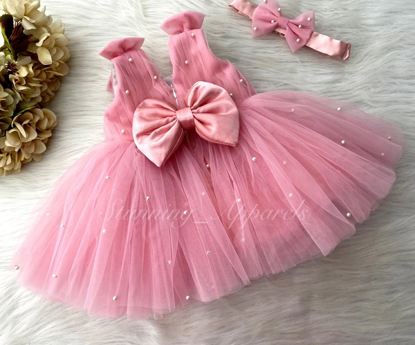 Shoulder Bow , Pearls Work Cute Party Wear Peach Frock  - 3-6 Month