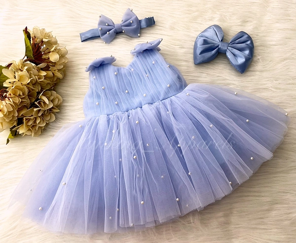 Shoulder Bow , Pearls Work Cute Party Wear Pastel Blue Frock  - 6-9 Month