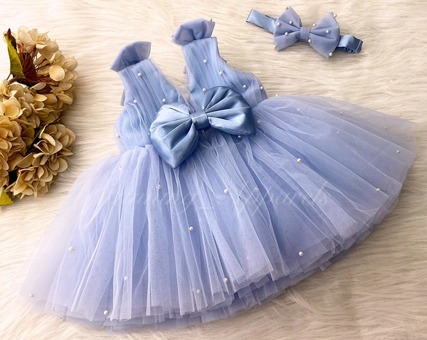 Shoulder Bow , Pearls Work Cute Party Wear Pastel Blue Frock  - 6-9 Month