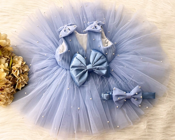 Shoulder Bow , Pearls Work Cute Party Wear Pastel Blue Frock  - 6-9 Month