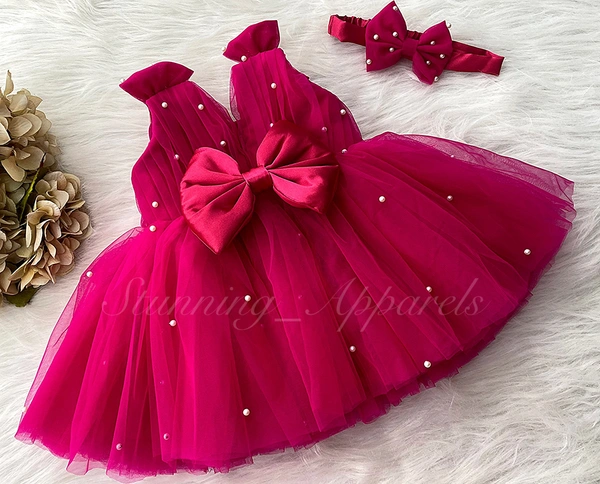 Shoulder Bow , Pearls Work Cute Party Wear Magenta Pink Frock  - 6-9 Month
