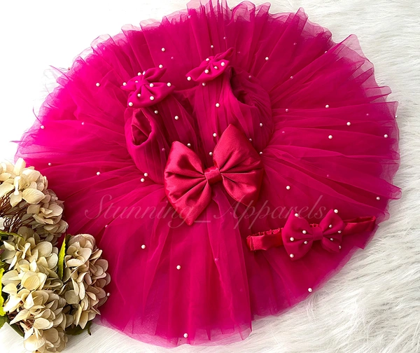 Shoulder Bow , Pearls Work Cute Party Wear Magenta Pink Frock  - 6-9 Month