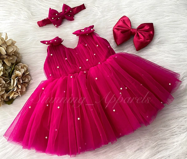 Shoulder Bow , Pearls Work Cute Party Wear Magenta Pink Frock  - 6-9 Month