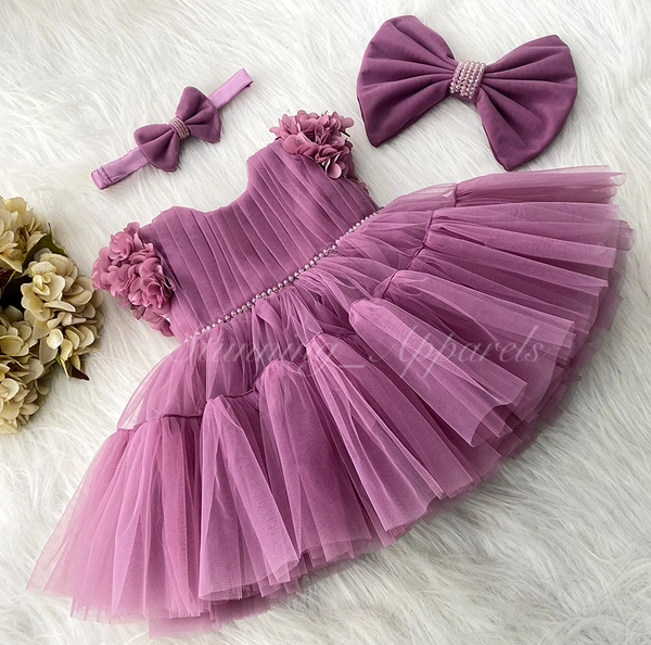 Cape Sleeves Flowerr Work Ruffled Partywear Dusty Pink Frock  - 4-5 Years