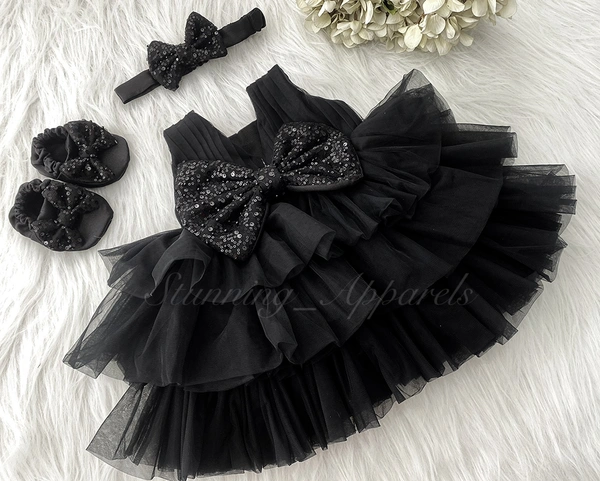 Dounble Folded Stylish Party Wear Black Frock  - 3-6 Month