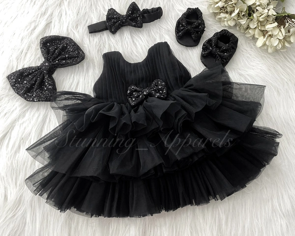 Dounble Folded Stylish Party Wear Black Frock  - 3-6 Month