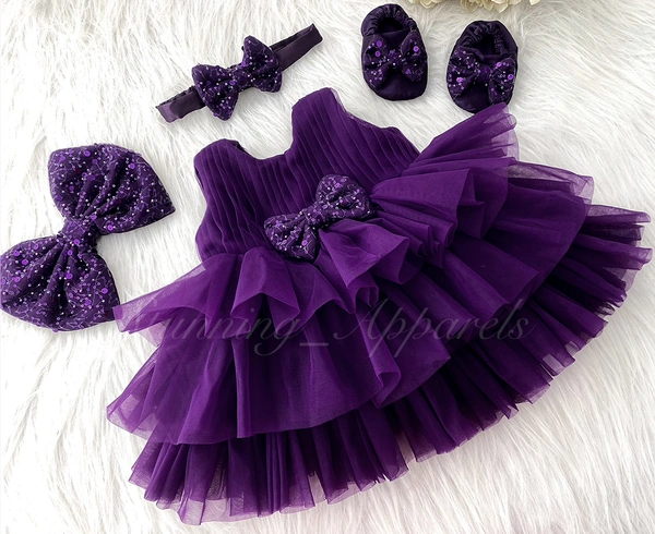 Double Folded Tree Layered Party Wear Purple Frock  - 0-3 Month
