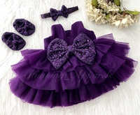 Double Folded Tree Layered Party Wear Purple Frock  - 0-3 Month