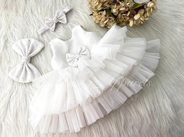 Double Folded Tree Layered Party Wear White Frock  - 6-9 Minth