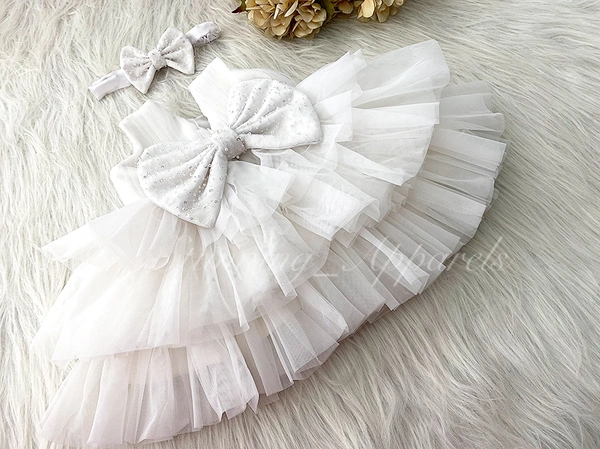 Double Folded Tree Layered Party Wear White Frock  - 0-3 Month