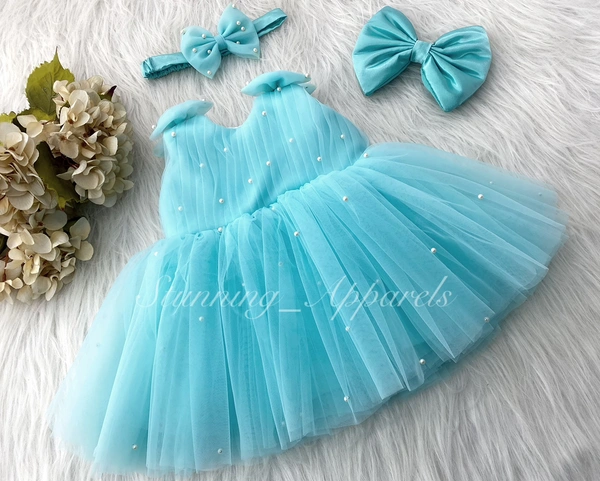 Shoulder Bow Pearls White Party Wear Sky Blue Frock  - 6-9 Month