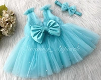 Shoulder Bow Pearls White Party Wear Sky Blue Frock  - 6-9 Month