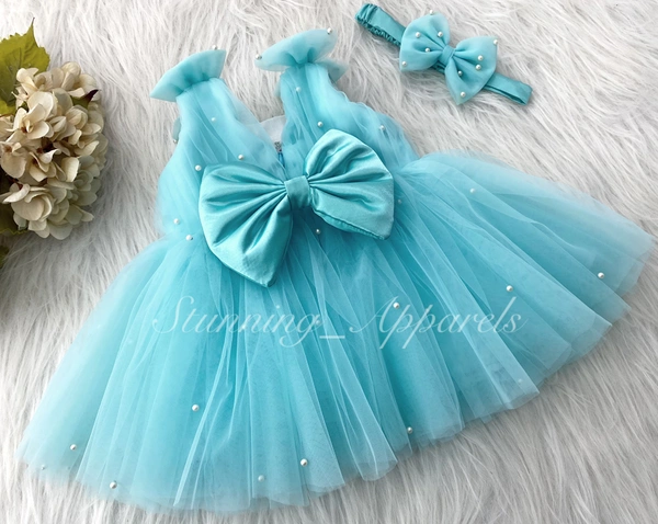 Shoulder Bow Pearls White Party Wear Sky Blue Frock  - 6-9 Month