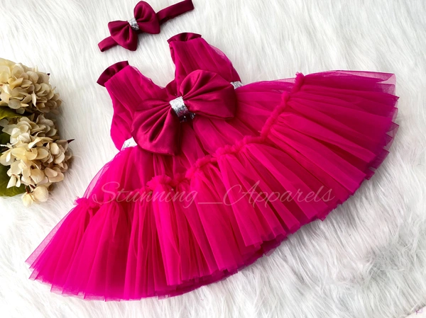 Shoulder Bow Party Wear Ruffled Magenta Dress  - 0-3 Month