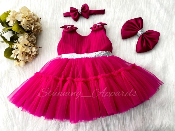 Shoulder Bow Party Wear Ruffled Magenta Dress  - 0-3 Month