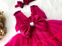 Shoulder Bow Party Wear Ruffled Magenta Dress  - 0-3 Month