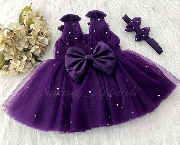 Shoulder Bow Pearls White Party Wear Purple Frock  - 6-9 Month
