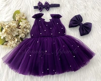 Shoulder Bow Pearls White Party Wear Purple Frock  - 6-9 Month
