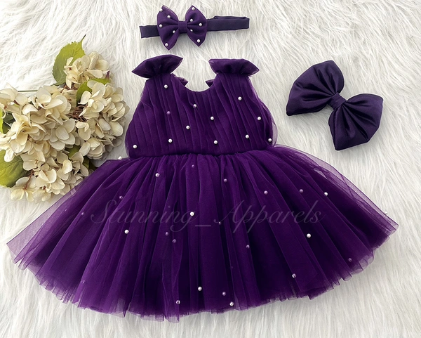 Shoulder Bow Pearls White Party Wear Purple Frock  - 6-9 Month