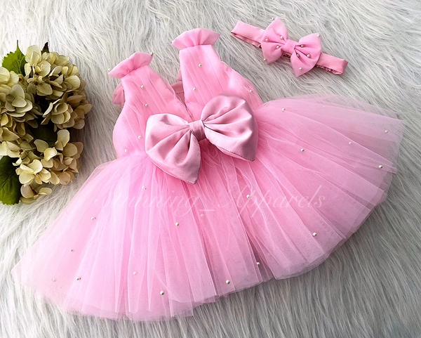 Shoulder Bow Pearls White Party Wear Baby Pink Frock  - 0-3 Month
