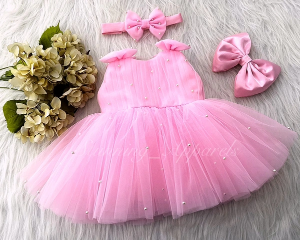 Shoulder Bow Pearls White Party Wear Baby Pink Frock  - 0-3 Month